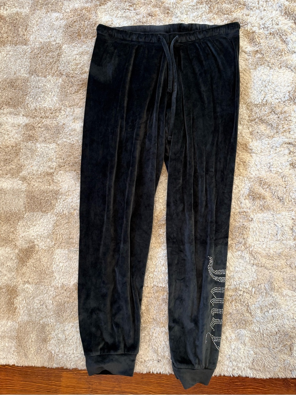 Black Velour Jogger Pants with Rhinestone Accent